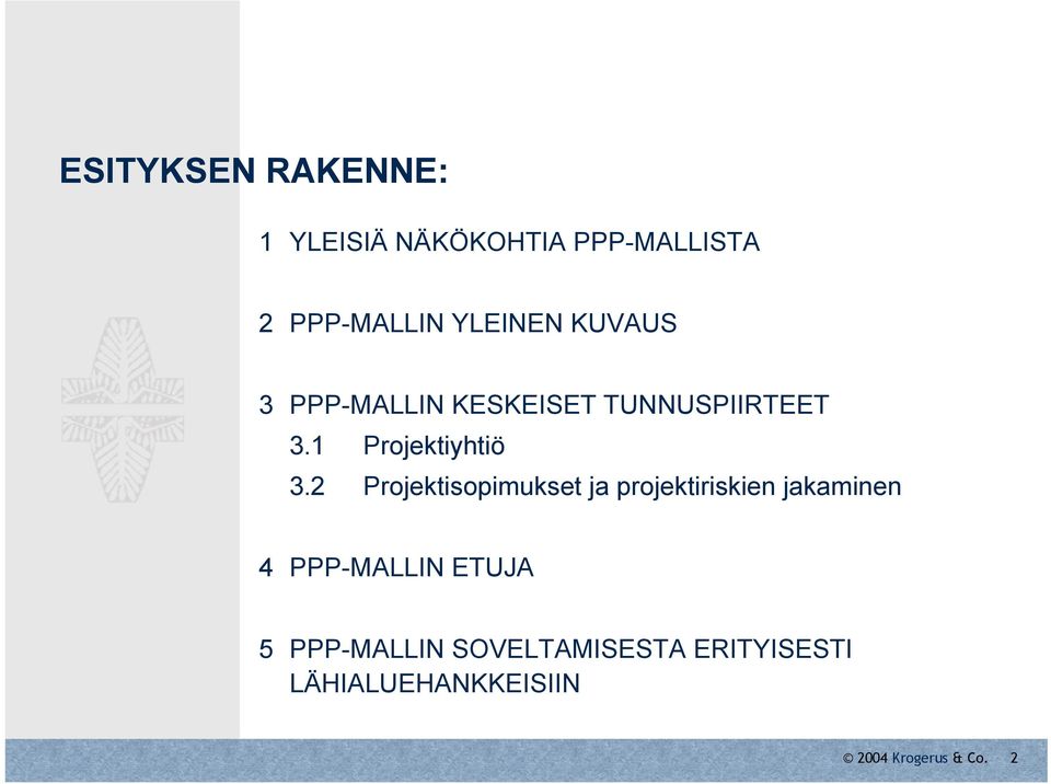 2 Projektisopimukset ja projektiriskien jakaminen 4 PPP-MALLIN ETUJA 5