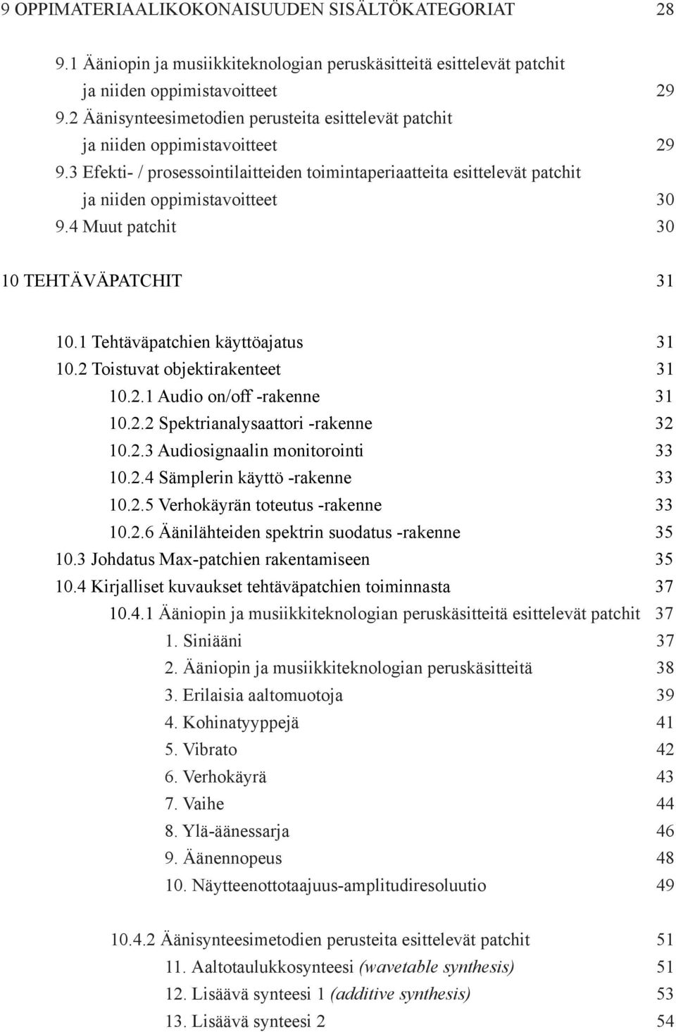 4 Muut patchit 30 10 TEHTÄVÄPATCHIT 31 10.1 Tehtäväpatchien käyttöajatus 31 10.2 Toistuvat objektirakenteet 31 10.2.1 Audio on/off -rakenne 31 10.2.2 Spektrianalysaattori -rakenne 32 10.2.3 Audiosignaalin monitorointi 33 10.