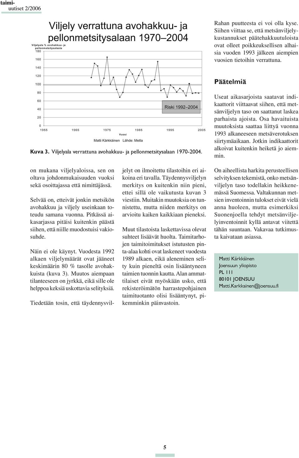 Viljelyala verrattuna avohakkuu- ja pellonmetsitysalaan 1970-2004. Useat aikasarjoista saatavat indikaattorit viittaavat siihen, että metsänviljelyn taso on saattanut laskea parhaista ajoista.