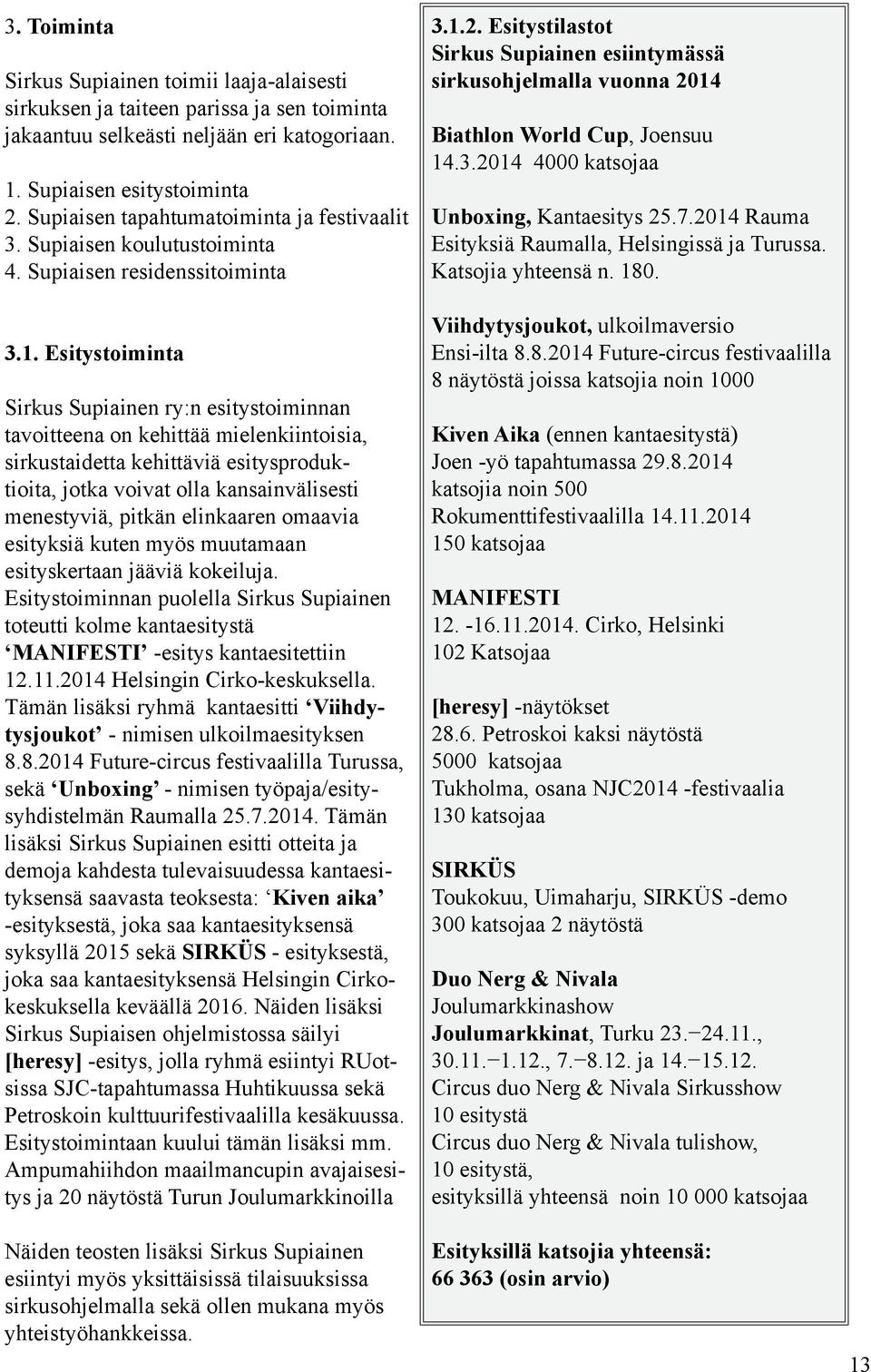 Esitystoiminta Sirkus Supiainen ry:n esitystoiminnan tavoitteena on kehittää mielenkiintoisia, sirkustaidetta kehittäviä esitysproduktioita, jotka voivat olla kansainvälisesti menestyviä, pitkän