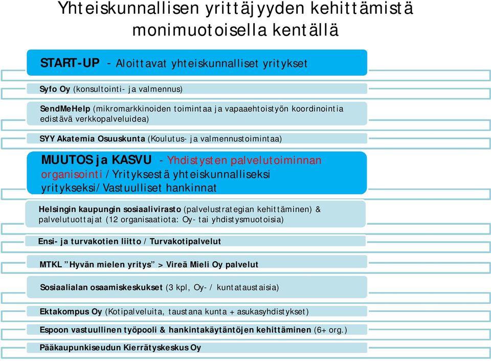 yhteiskunnalliseksi yritykseksi/vastuulliset hankinnat Helsingin kaupungin sosiaalivirasto (palvelustrategian kehittäminen) & palvelutuottajat (12 organisaatiota: Oy- tai yhdistysmuotoisia) Ensi- ja