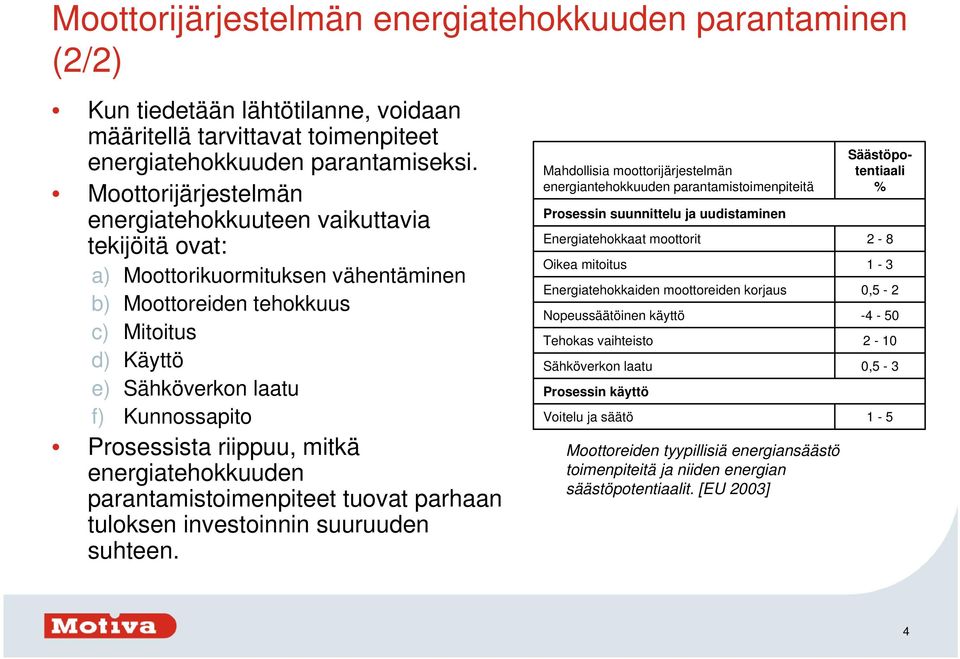 Prosessista riippuu, mitkä energiatehokkuuden parantamistoimenpiteet tuovat parhaan tuloksen investoinnin suuruuden suhteen.