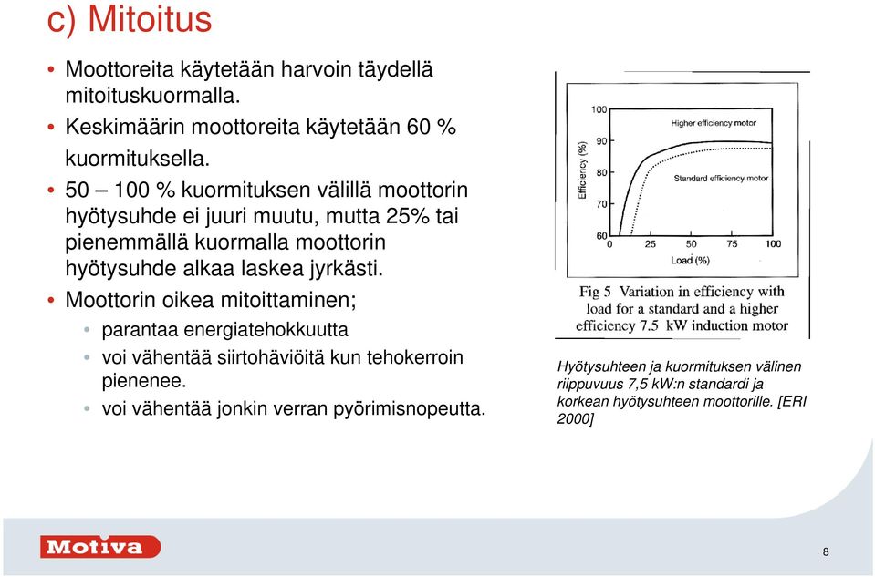 jyrkästi. Moottorin oikea mitoittaminen; parantaa energiatehokkuutta voi vähentää siirtohäviöitä kun tehokerroin pienenee.