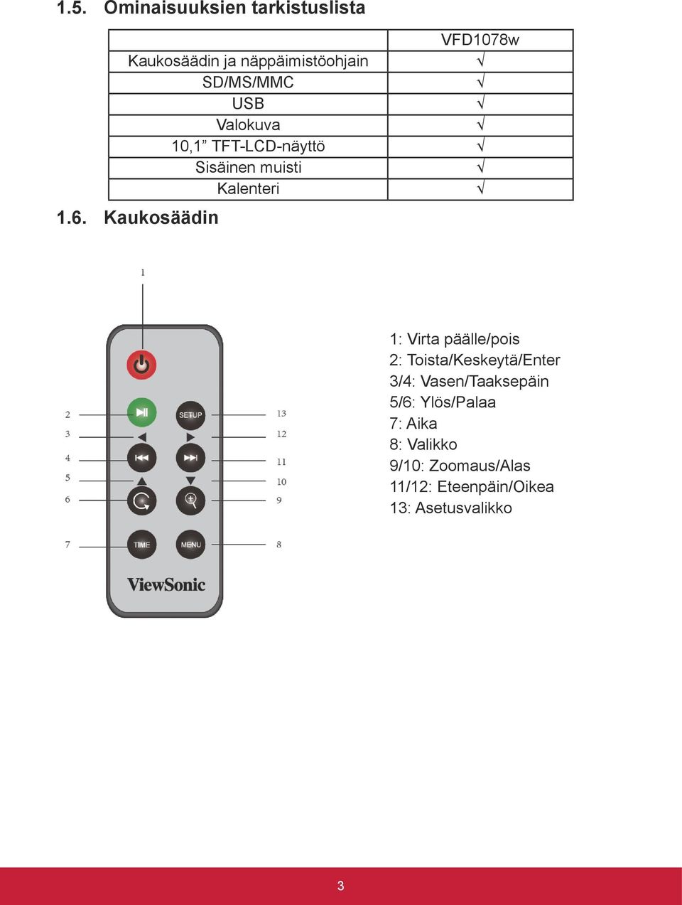 Kaukosäädin 1: Virta päälle/pois 2: Toista/Keskeytä/Enter 3/4: Vasen/Taaksepäin