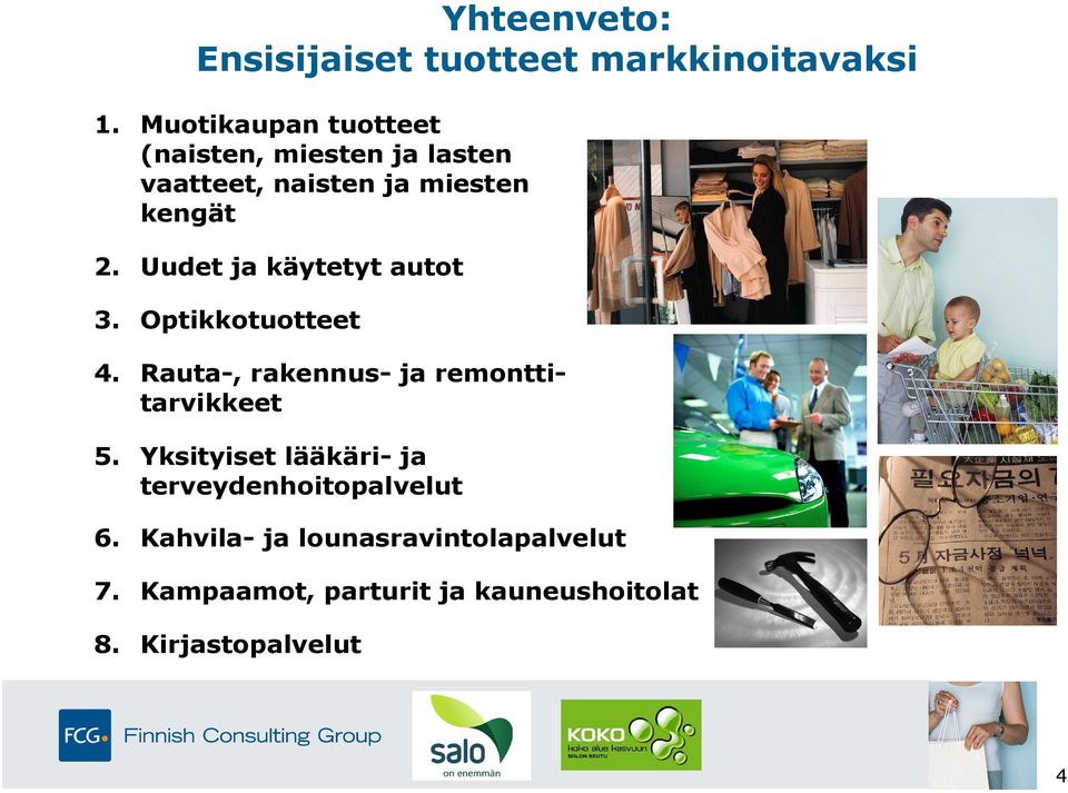 Uudet ja käytetyt autot 3. Optikkotuotteet 4. Rauta-, rakennus- ja remonttitarvikkeet 5.