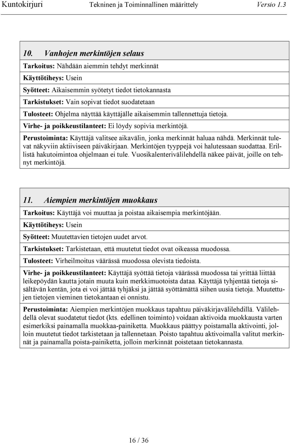 Perustoiminta: Käyttäjä valitsee aikavälin, jonka merkinnät haluaa nähdä. Merkinnät tulevat näkyviin aktiiviseen päiväkirjaan. Merkintöjen tyyppejä voi halutessaan suodattaa.