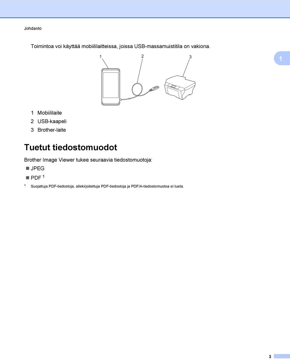 1 3 1 1 Mobiililaite USB-kaapeli 3 Brother-laite Tuetut tiedostomuodot Brother