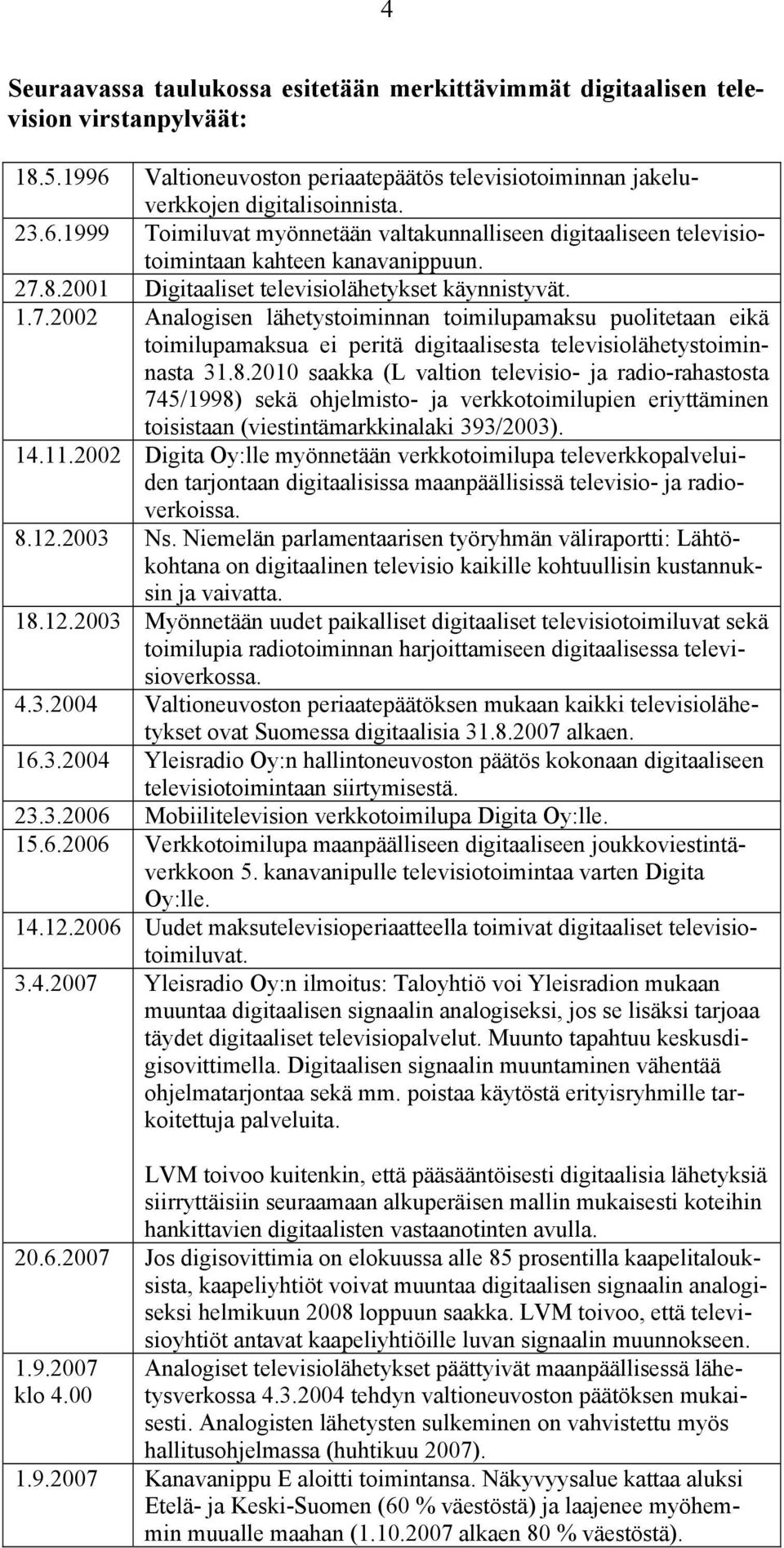 2001 Digitaaliset televisiolähetykset käynnistyvät. 1.7.2002 Analogisen lähetystoiminnan toimilupamaksu puolitetaan eikä toimilupamaksua ei peritä digitaalisesta televisiolähetystoiminnasta 31.8.