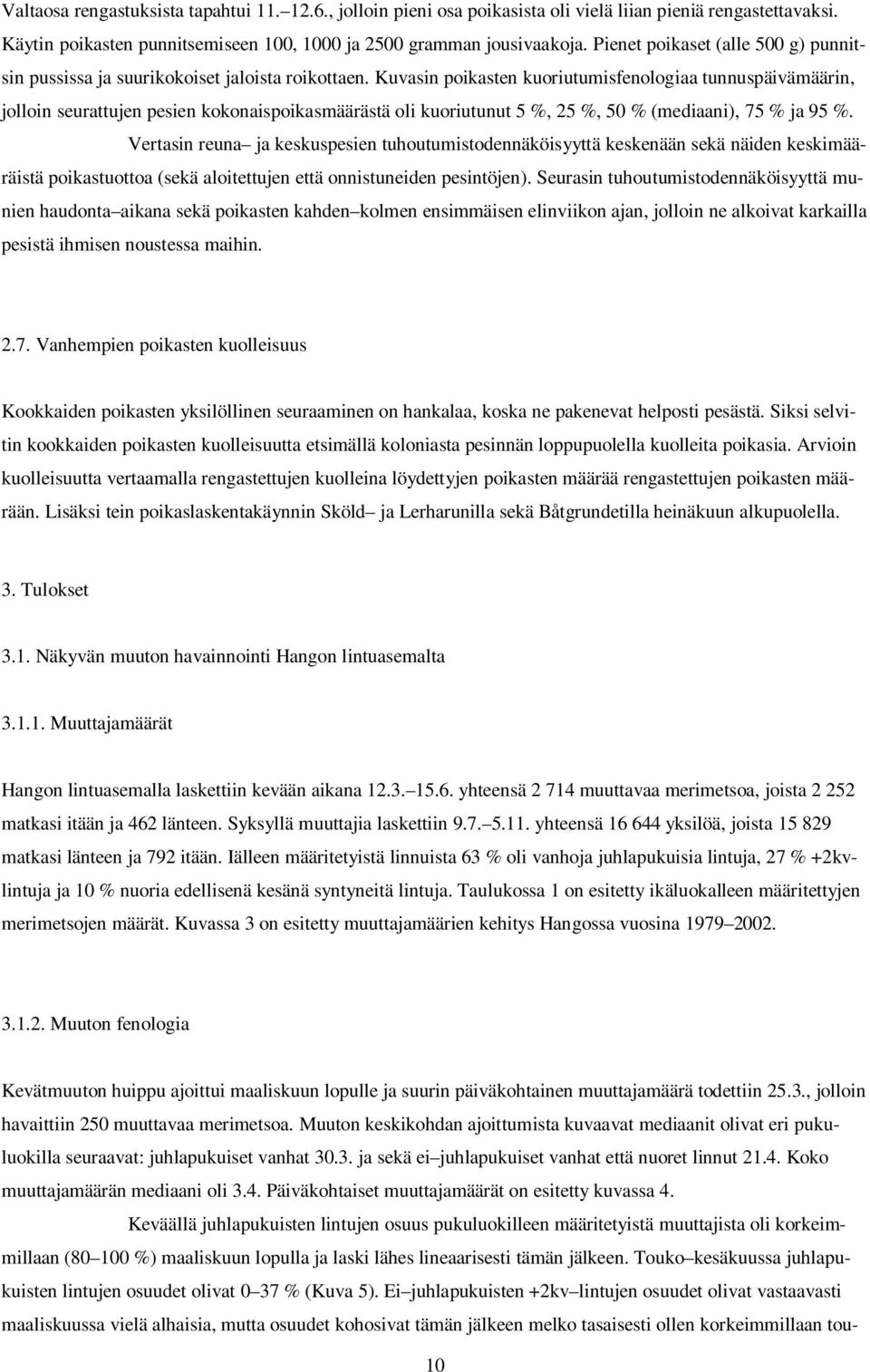 Kuvasin poikasten kuoriutumisfenologiaa tunnuspäivämäärin, jolloin seurattujen pesien kokonaispoikasmäärästä oli kuoriutunut 5 %, 25 %, 50 % (mediaani), 75 % ja 95 %.