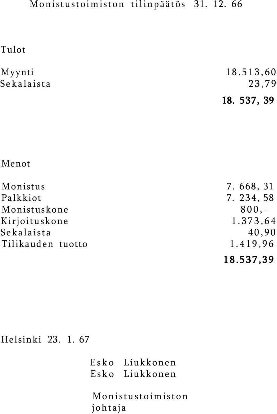 234, 58 Monistuskone 800,- Kirjoituskone 1.