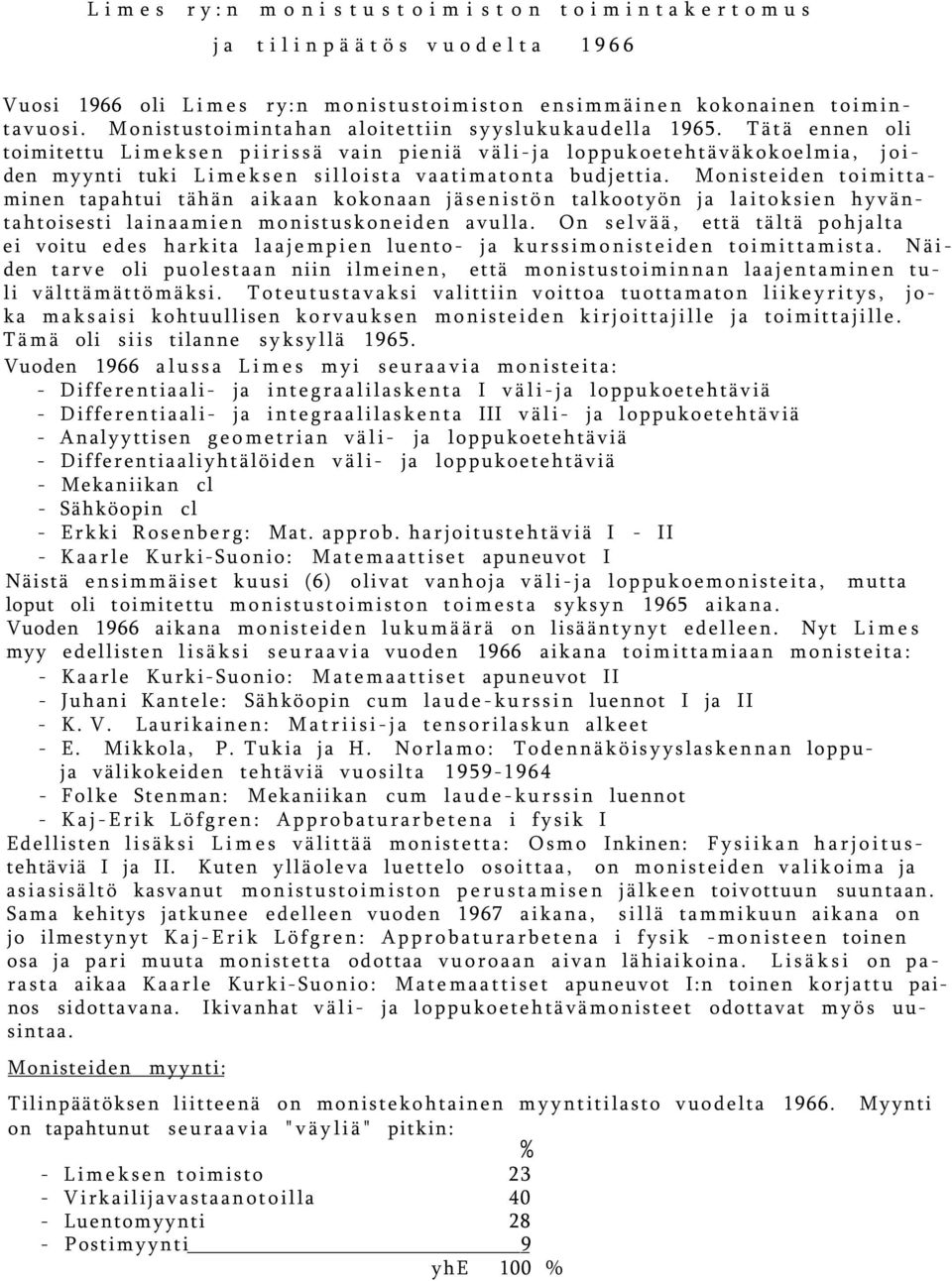 Tätä ennen oli toimitettu Limeksen piirissä vain pieniä väli-ja loppukoetehtäväkokoelmia, joiden myynti tuki Limeksen silloista vaatimatonta budjettia.