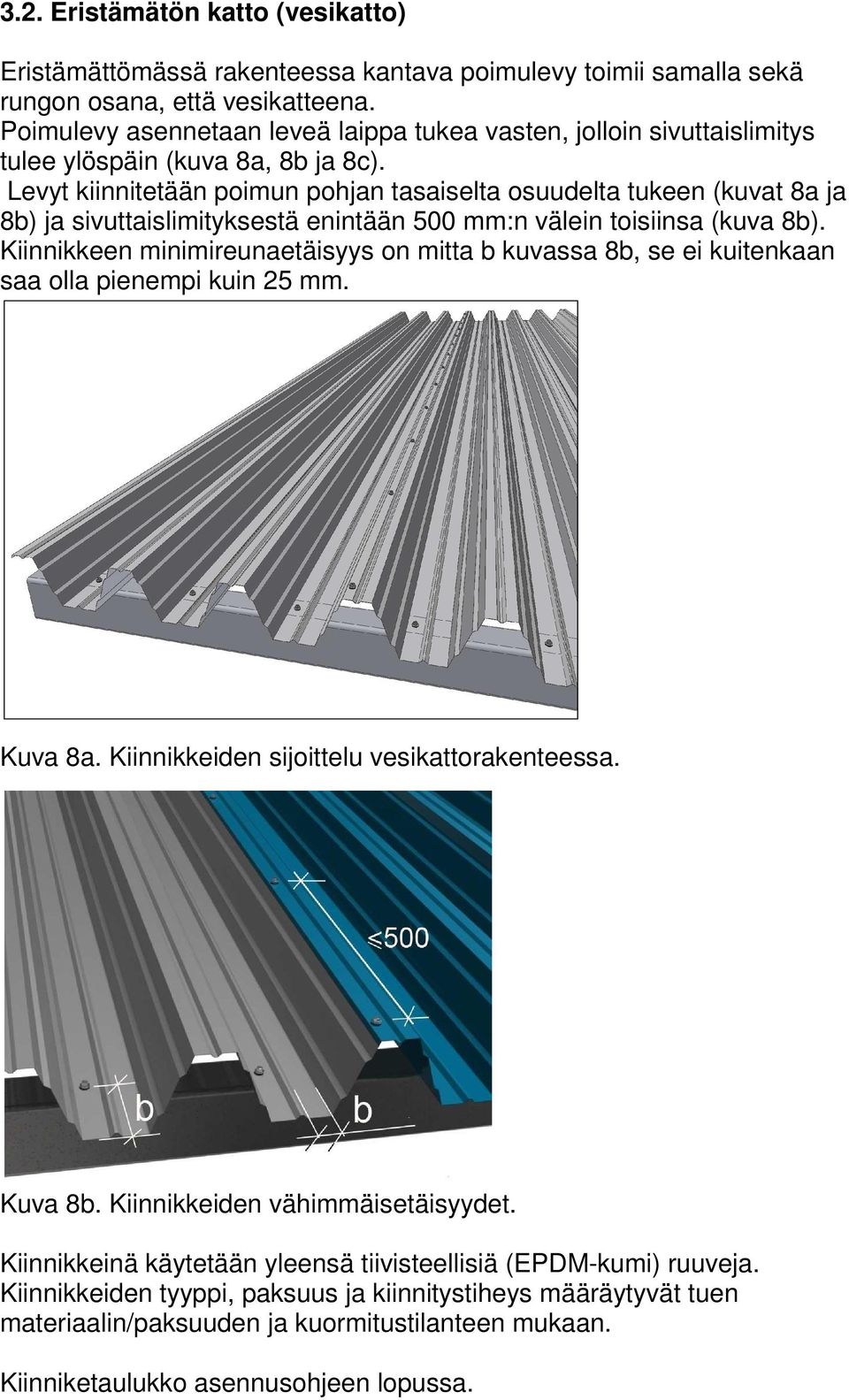 Levyt kiinnitetään poimun pohjan tasaiselta osuudelta tukeen (kuvat 8a ja 8b) ja sivuttaislimityksestä enintään 500 mm:n välein toisiinsa (kuva 8b).