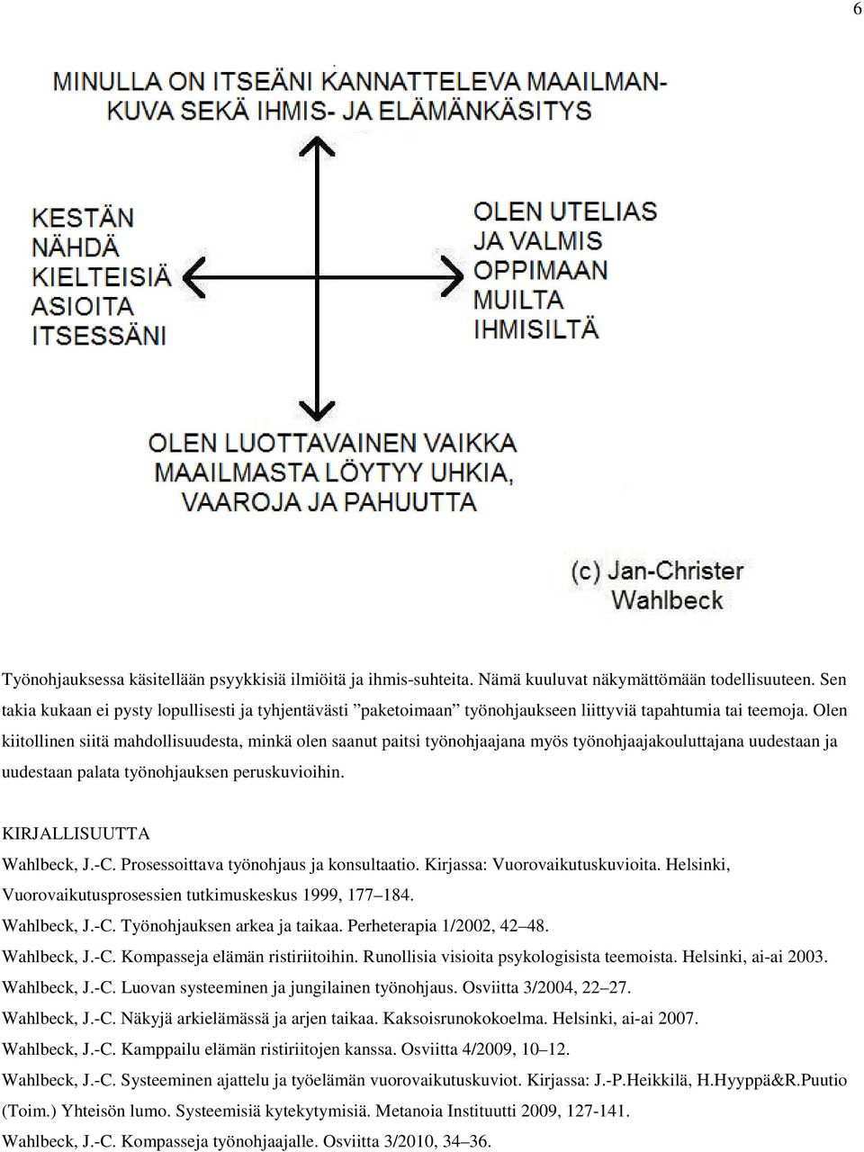 Olen kiitollinen siitä mahdollisuudesta, minkä olen saanut paitsi työnohjaajana myös työnohjaajakouluttajana uudestaan ja uudestaan palata työnohjauksen peruskuvioihin. KIRJALLISUUTTA Wahlbeck, J.-C.