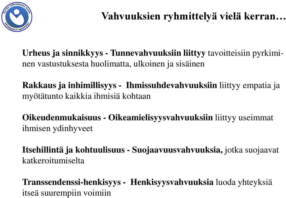 kohtaan Oikeudenmukaisuus - Oikeamielisyysvahvuuksiin liittyy useimmat ihmisen ydinhyveet Itsehillintä ja kohtuulisuus -