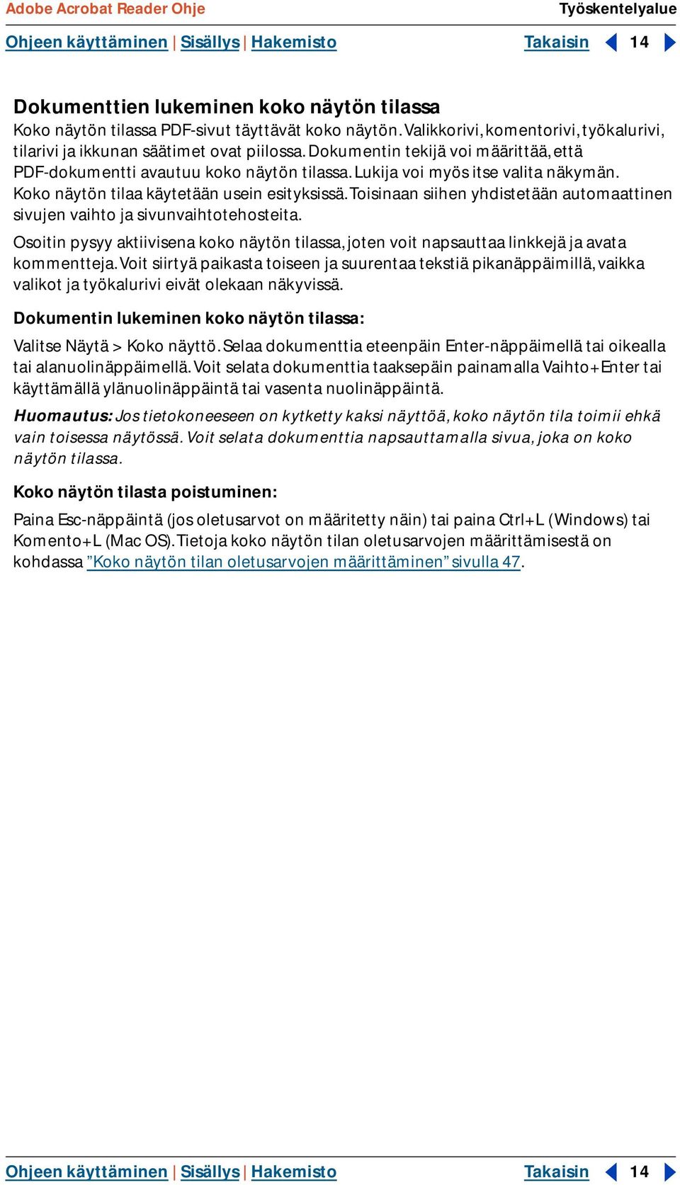 Lukija voi myös itse valita näkymän. Koko näytön tilaa käytetään usein esityksissä. Toisinaan siihen yhdistetään automaattinen sivujen vaihto ja sivunvaihtotehosteita.