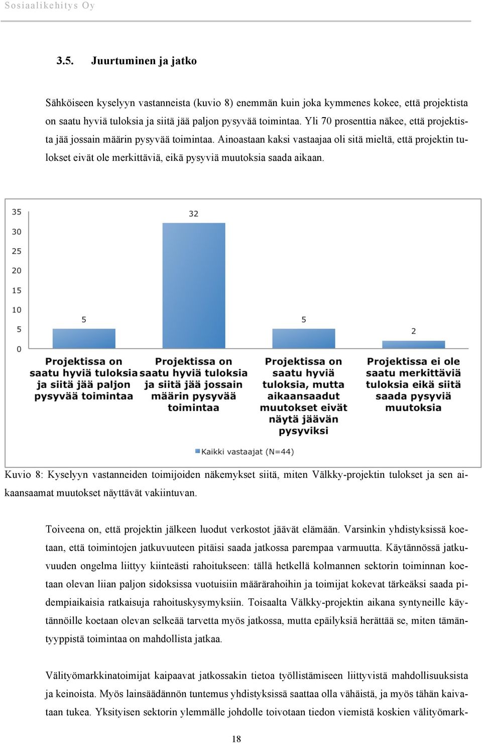 Ainoastaan kaksi vastaajaa oli sitä mieltä, että projektin tulokset eivät ole merkittäviä, eikä pysyviä muutoksia saada aikaan.