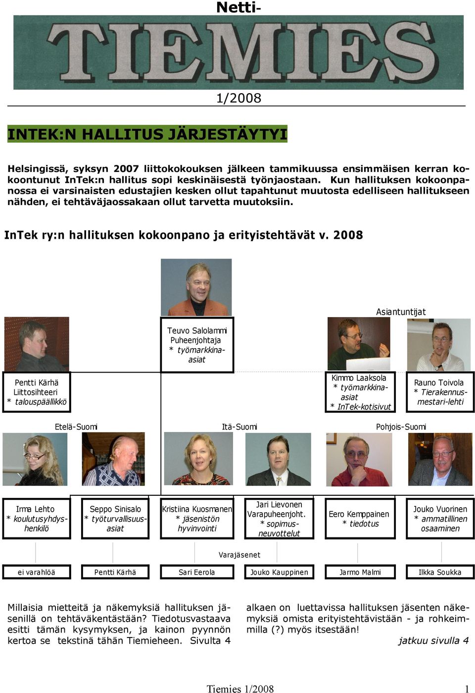 InTek ry:n hallituksen kokoonpano ja erityistehtävät v.