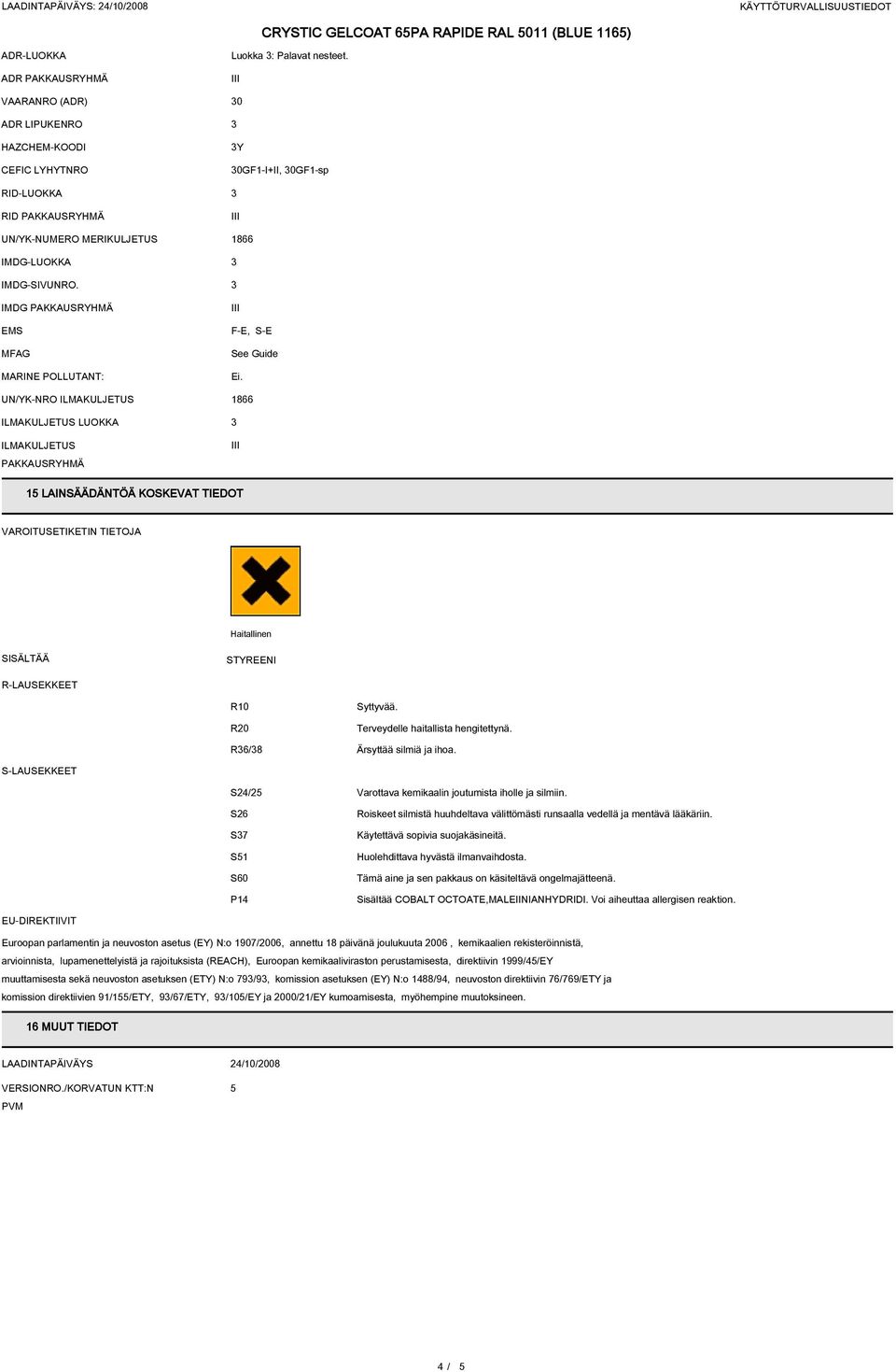 15 LAINSÄÄDÄNTÖÄ KOSKEVAT TIEDOT VAROITUSETIKETIN TIETOJA Haitallinen SISÄLTÄÄ R-LAUSEKKEET R10 R20 Syttyvää. Terveydelle haitallista hengitettynä. R6/8 Ärsyttää silmiä ja ihoa.