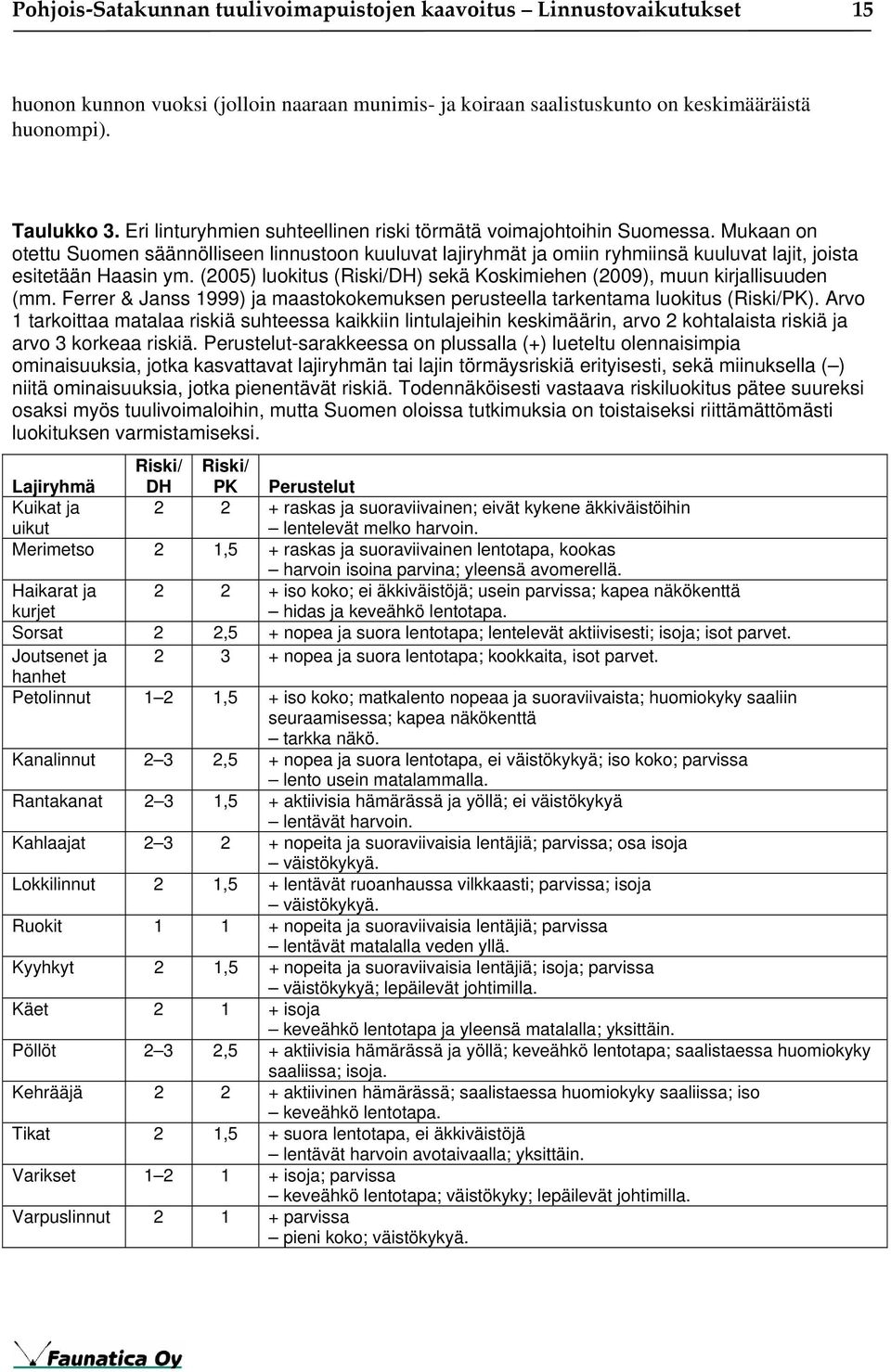 (2005) luokitus (Riski/DH) sekä Koskimiehen (2009), muun kirjallisuuden (mm. Ferrer & Janss 1999) ja maastokokemuksen perusteella tarkentama luokitus (Riski/PK).