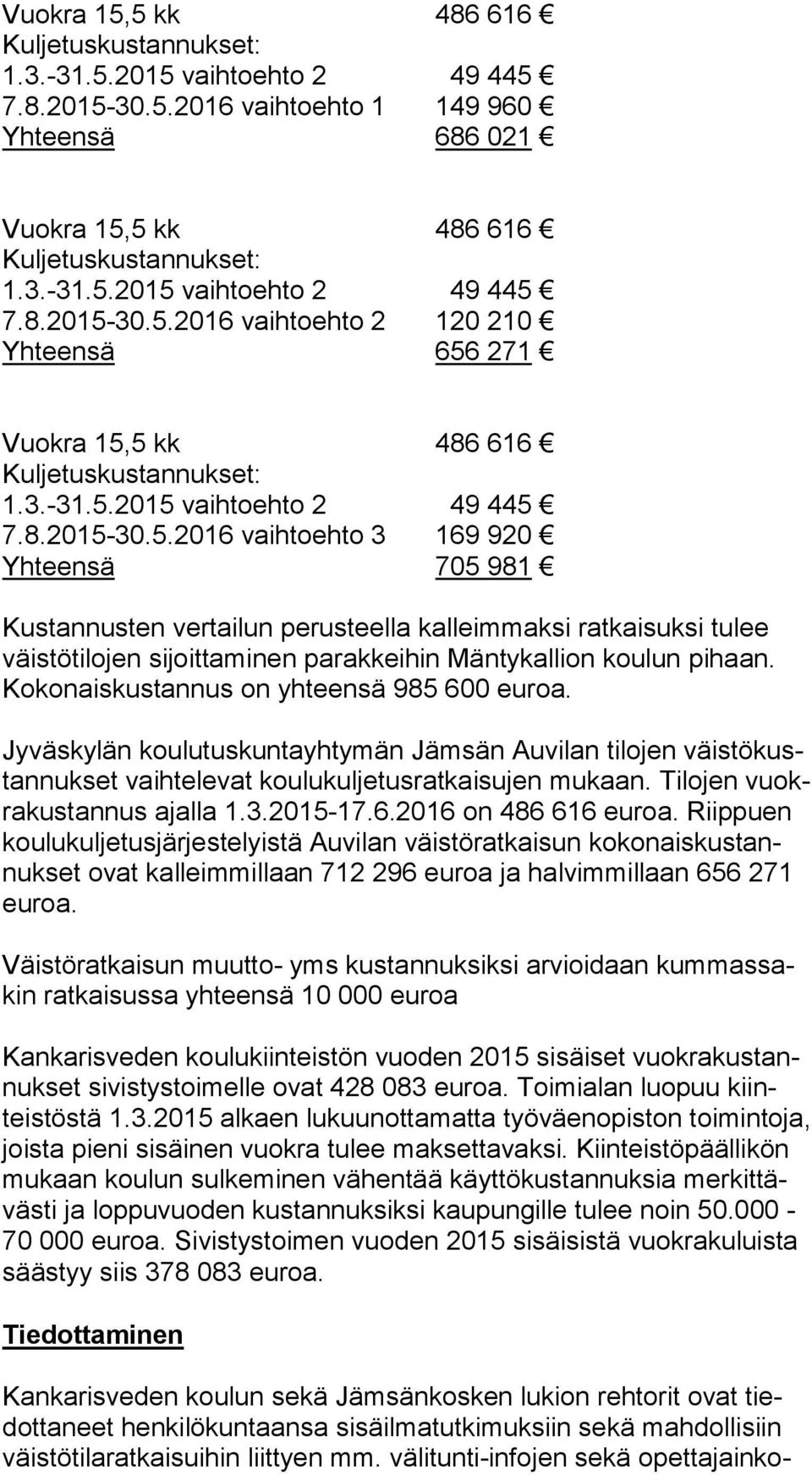 Ko ko nais kus tan nus on yhteensä 985 600 euroa. Jyväskylän koulutuskuntayhtymän Jämsän Auvilan tilojen väis tö kustan nuk set vaihtelevat koulukuljetusratkaisujen mukaan.