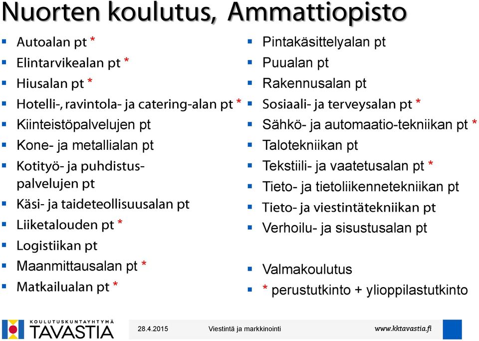 * Pintakäsittelyalan pt Puualan pt Rakennusalan pt Sosiaali- ja terveysalan pt * Sähkö- ja automaatio-tekniikan pt * Talotekniikan pt Tekstiili- ja