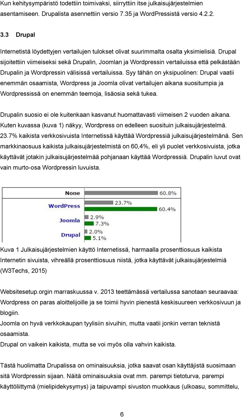 Drupal sijoitettiin viimeiseksi sekä Drupalin, Joomlan ja Wordpressin vertailuissa että pelkästään Drupalin ja Wordpressin välisissä vertailuissa.