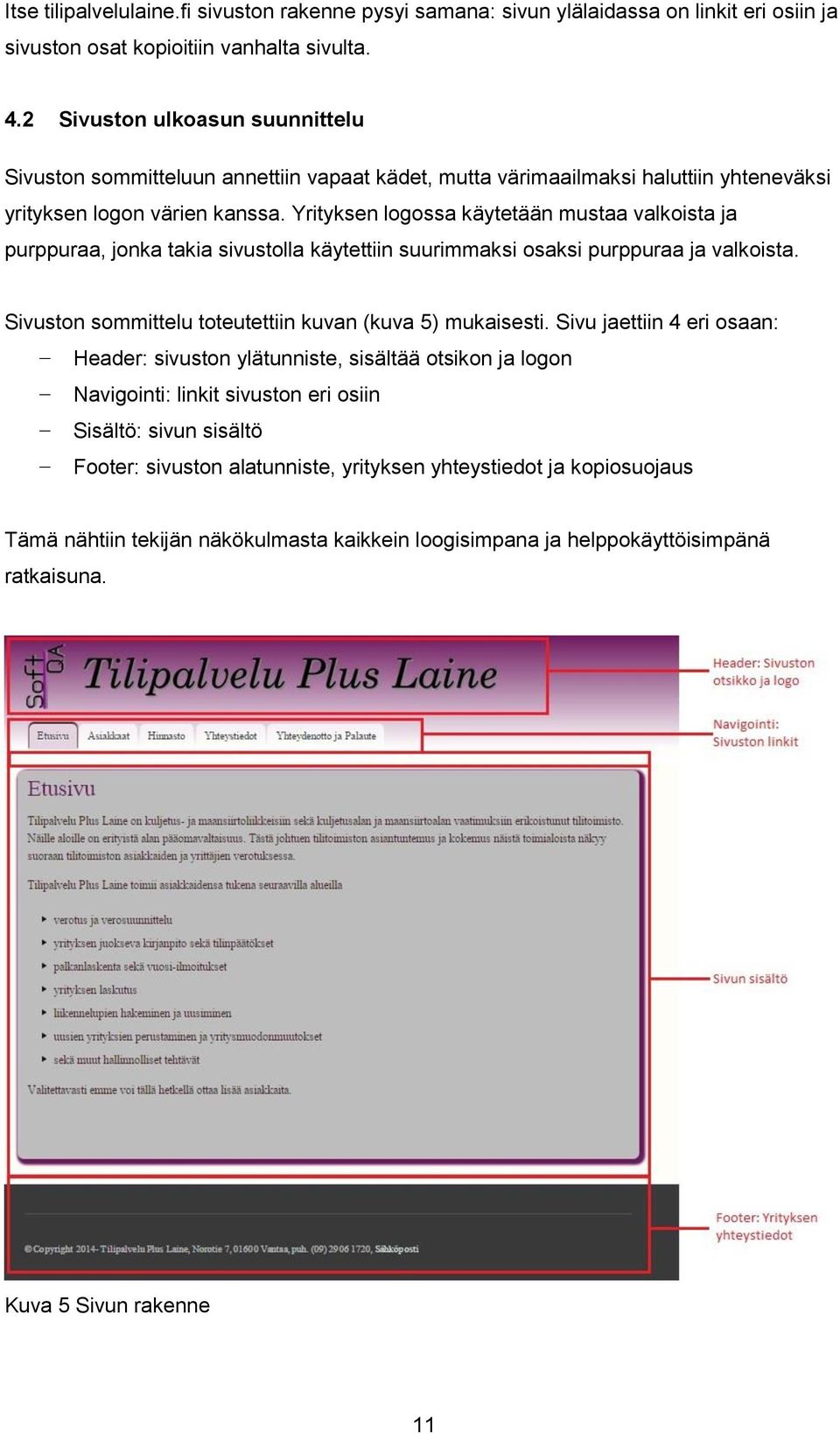 Yrityksen logossa käytetään mustaa valkoista ja purppuraa, jonka takia sivustolla käytettiin suurimmaksi osaksi purppuraa ja valkoista. Sivuston sommittelu toteutettiin kuvan (kuva 5) mukaisesti.