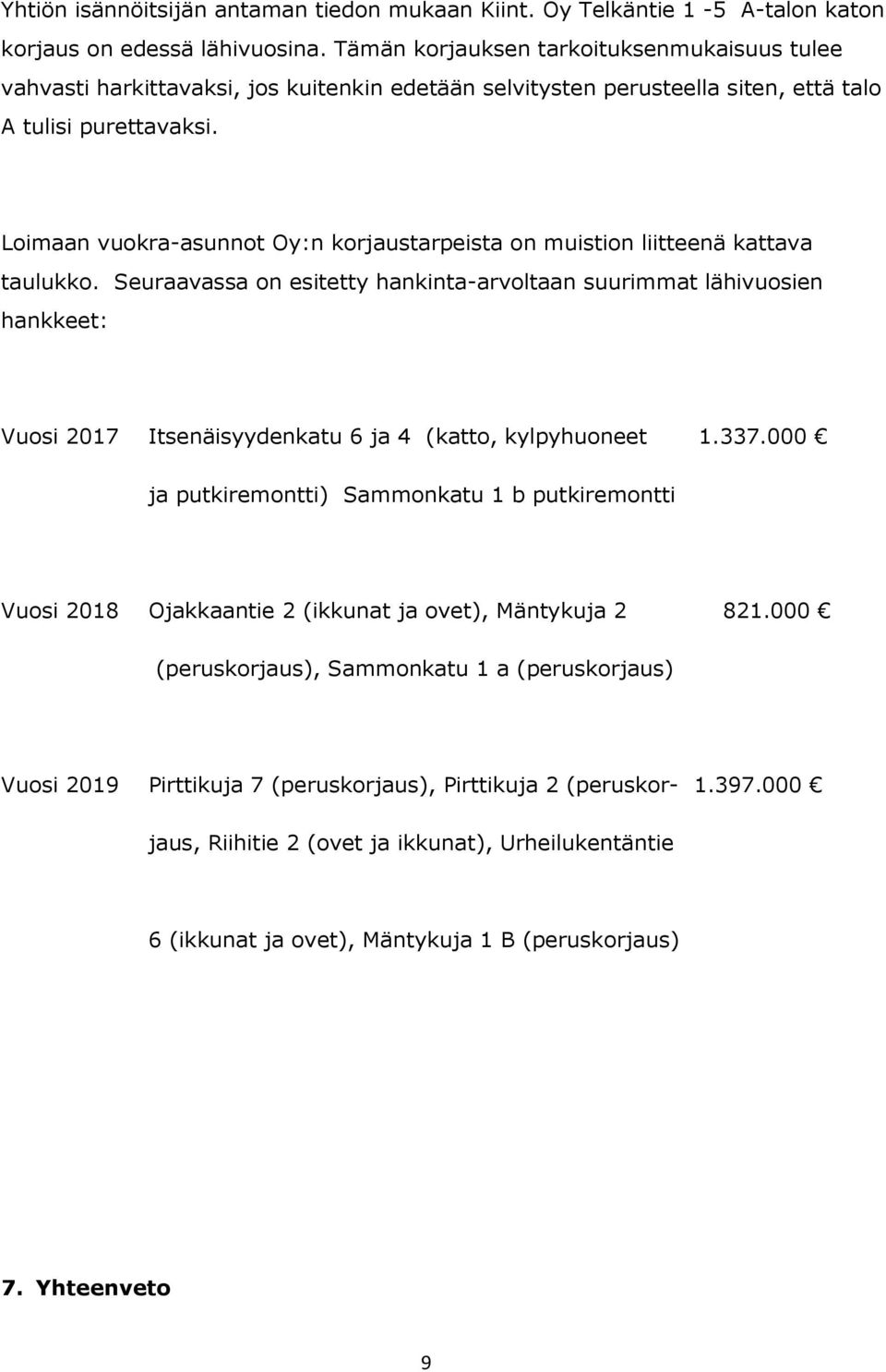 Loimaan vuokra-asunnot Oy:n korjaustarpeista on muistion liitteenä kattava taulukko.