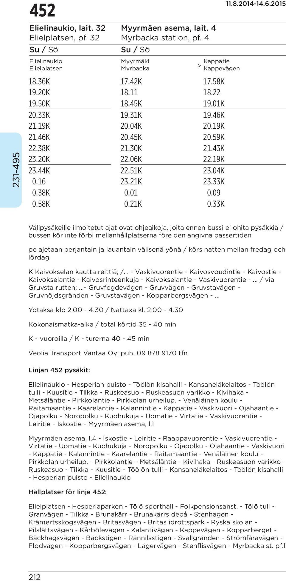 33K Välipysäkeille ilmoitetut ajat ovat ohjeaikoja, joita ennen bussi ei ohita pysäkkiä / bussen kör inte förbi mellanhållplatserna före den angivna passertiden pe ajetaan perjantain ja lauantain