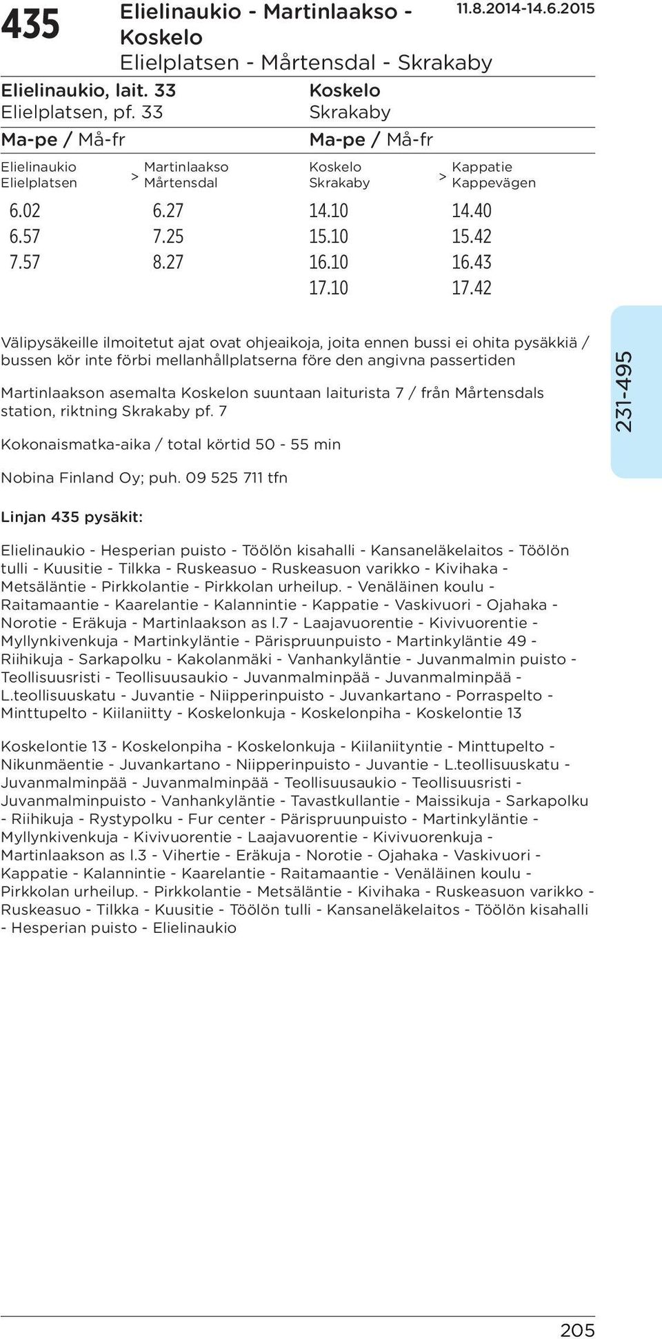42 Välipysäkeille ilmoitetut ajat ovat ohjeaikoja, joita ennen bussi ei ohita pysäkkiä / bussen kör inte förbi mellanhållplatserna före den angivna passertiden Martinlaakson asemalta Koskelon
