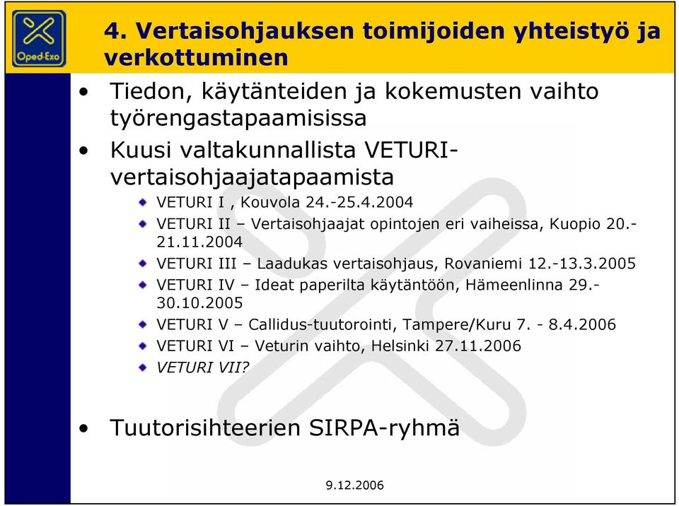 - 21.11.2004 VETURI III Laadukas vertaisohjaus, Rovaniemi 12.-13.3.2005 VETURI IV Ideat paperilta käytäntöön, Hämeenlinna 29.- 30.10.