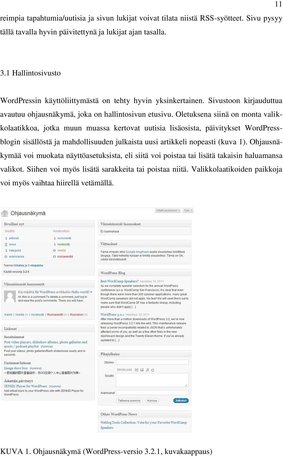 Oletuksena siinä on monta valikkolaatikkoa, jotka muun muassa kertovat uutisia lisäosista, päivitykset WordPressblogin sisällöstä ja mahdollisuuden julkaista uusi artikkeli nopeasti (kuva 1).