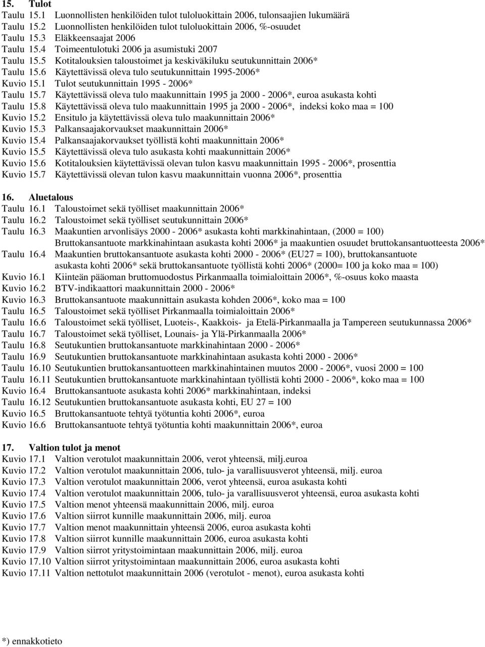 6 Käytettävissä oleva tulo seutukunnittain 1995-2006* Kuvio 15.1 Tulot seutukunnittain 1995-2006* Taulu 15.7 Käytettävissä oleva tulo maakunnittain 1995 ja 2000-2006*, euroa asukasta kohti Taulu 15.