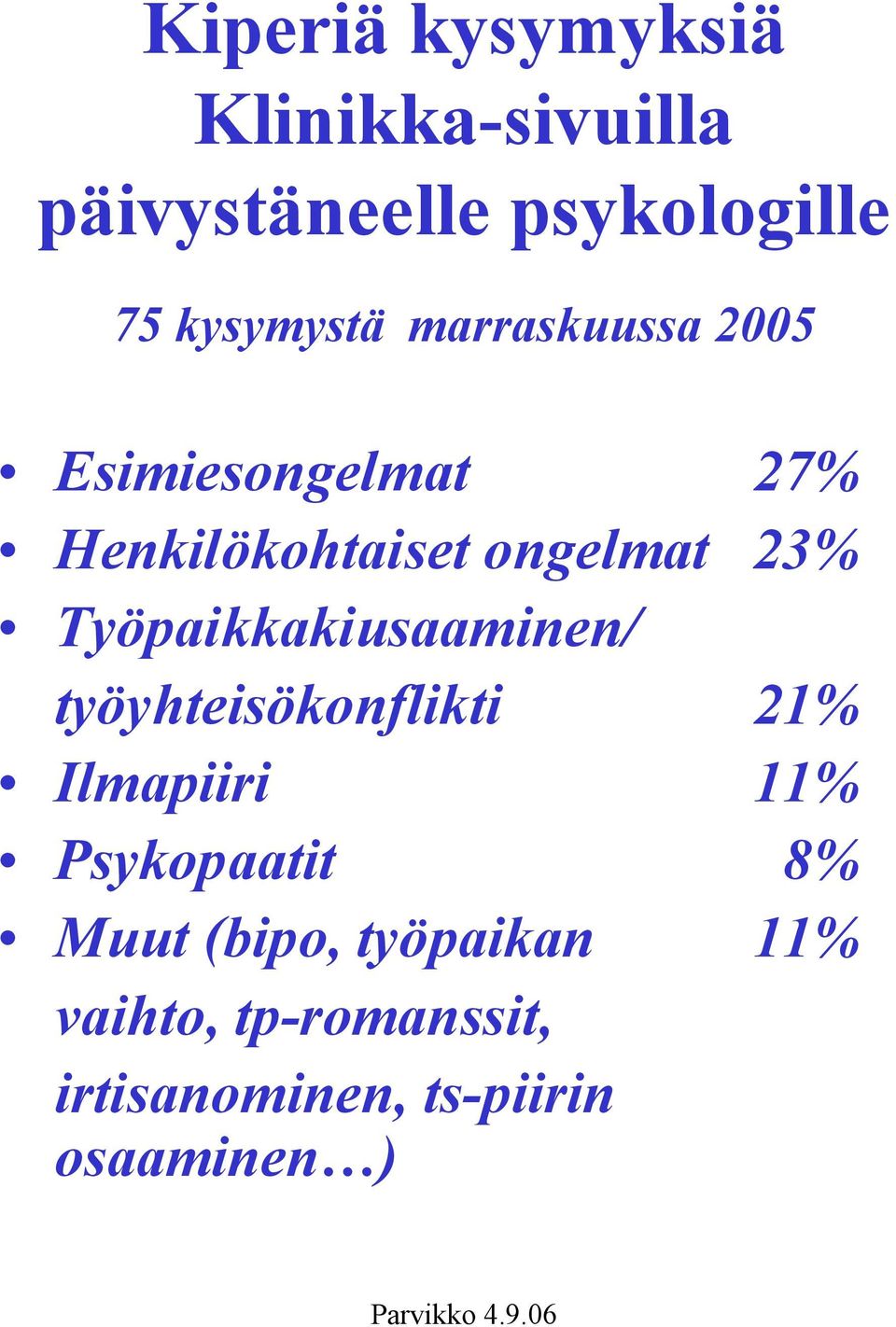 23% Työpaikkakiusaaminen/ työyhteisökonflikti 21% Ilmapiiri 11% Psykopaatit