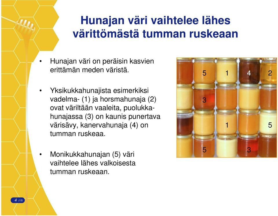 5 1 4 2 Yksikukkahunajista esimerkiksi vadelma- (1) ja horsmahunaja (2) ovat väriltään vaaleita,