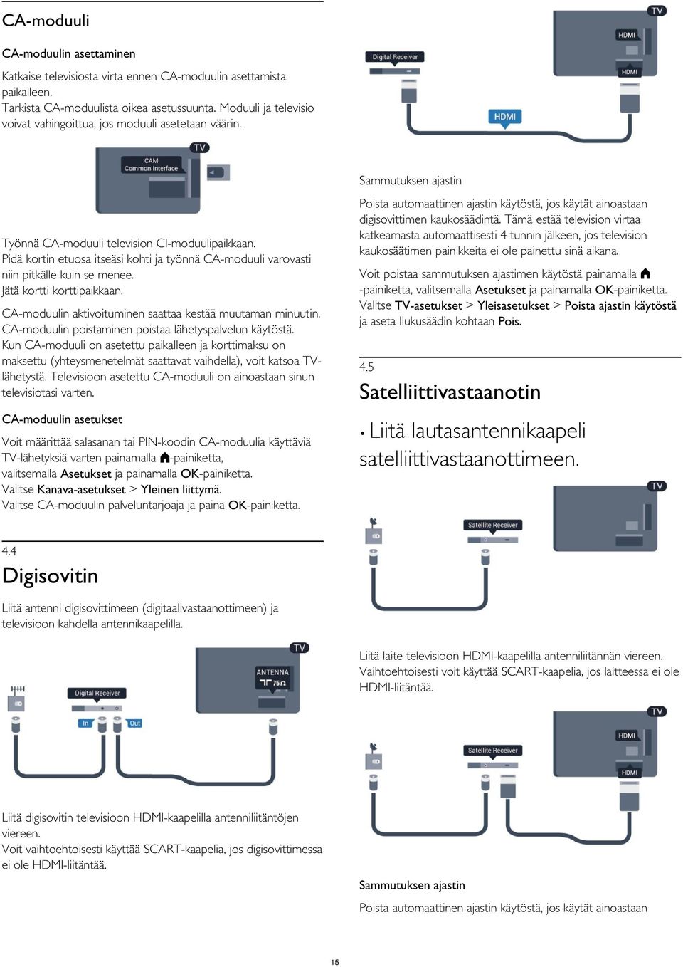 Tämä estää television virtaa katkeamasta automaattisesti 4 tunnin jälkeen, jos television kaukosäätimen painikkeita ei ole painettu sinä aikana. Työnnä CA-moduuli television CI-moduulipaikkaan.