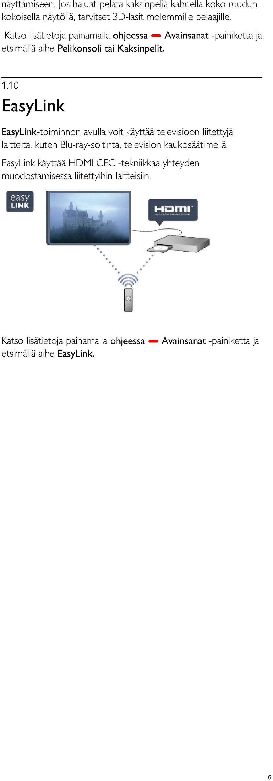 10 EasyLink EasyLink-toiminnon avulla voit käyttää televisioon liitettyjä laitteita, kuten Blu-ray-soitinta, television kaukosäätimellä.