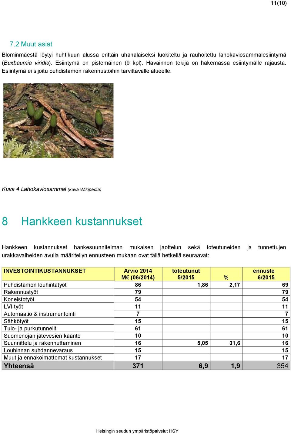 Kuva 4 Lahokaviosammal (kuva Wikipedia) 8 Hankkeen kustannukset Hankkeen kustannukset hankesuunnitelman mukaisen jaottelun sekä toteutuneiden ja tunnettujen urakkavaiheiden avulla määritellyn