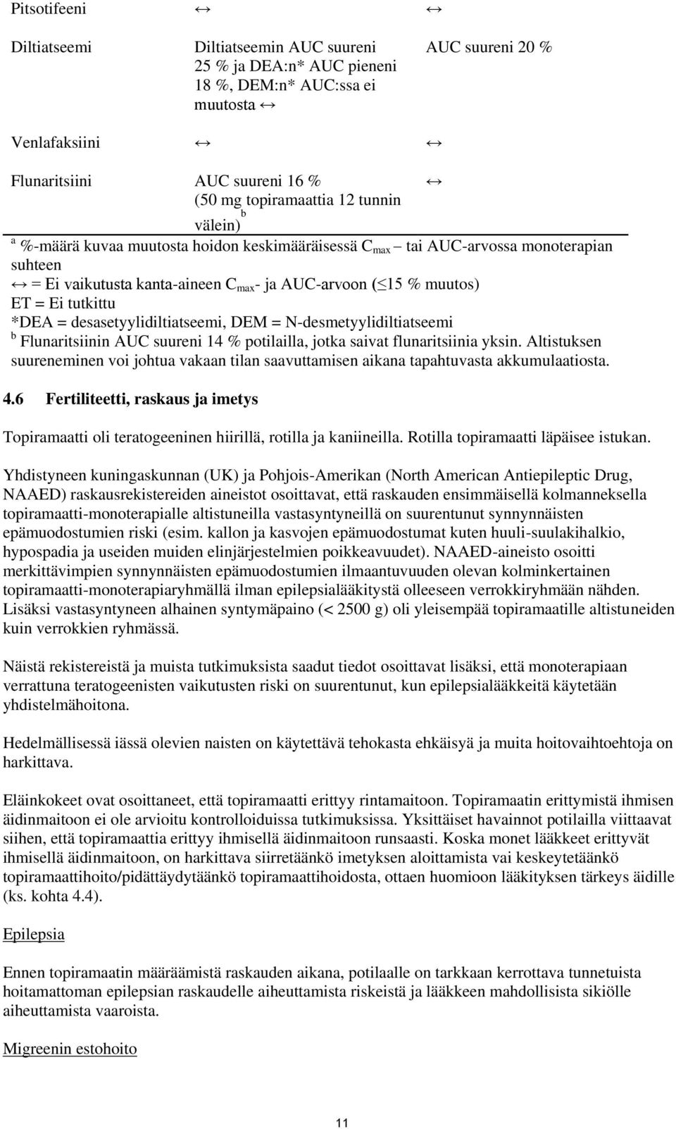 desasetyylidiltiatseemi, DEM = N-desmetyylidiltiatseemi b Flunaritsiinin AUC suureni 14 % potilailla, jotka saivat flunaritsiinia yksin.