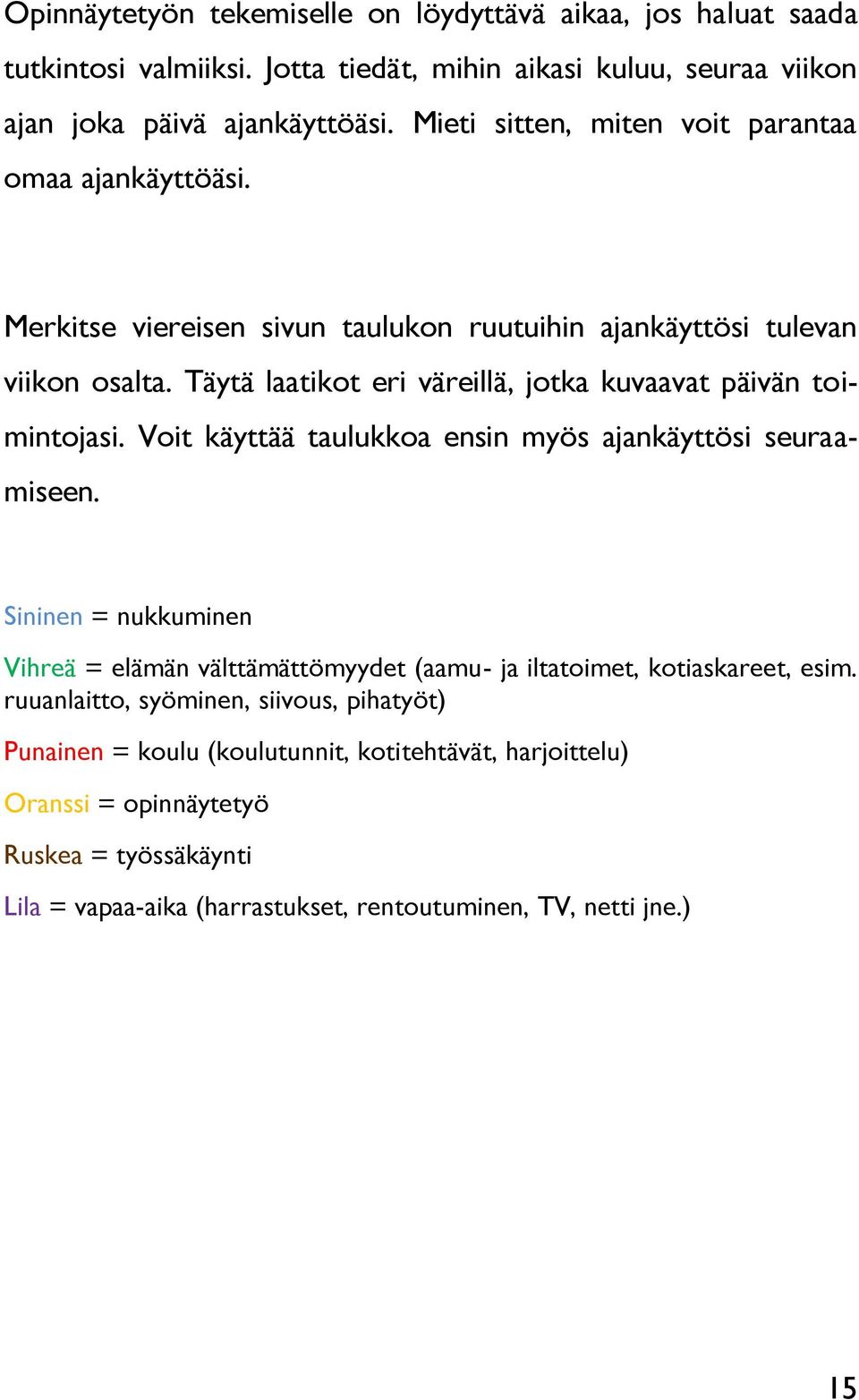 Täytä laatikot eri väreillä, jotka kuvaavat päivän toimintojasi. Voit käyttää taulukkoa ensin myös ajankäyttösi seuraamiseen.