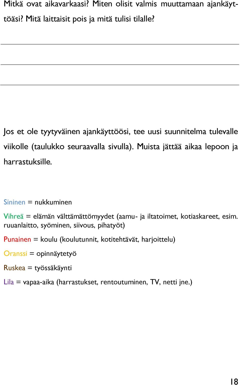 Muista jättää aikaa lepoon ja harrastuksille. Sininen = nukkuminen Vihreä = elämän välttämättömyydet (aamu- ja iltatoimet, kotiaskareet, esim.