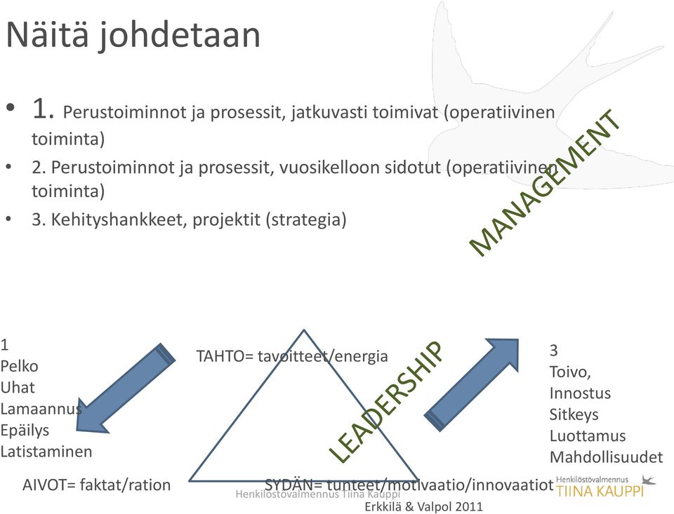 Kehityshankkeet, projektit (strategia) 1 Pelko Uhat Lamaannus Epäilys Latistaminen AIVOT= faktat/ration TAHTO=