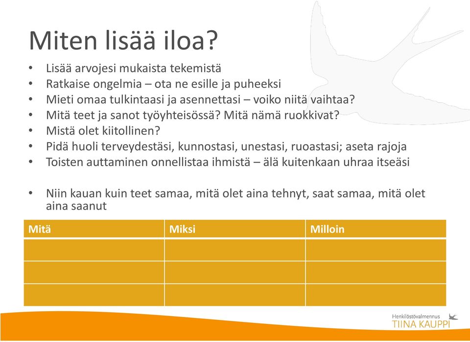 voiko niitä vaihtaa? Mitä teet ja sanot työyhteisössä? Mitä nämä ruokkivat? Mistä olet kiitollinen?