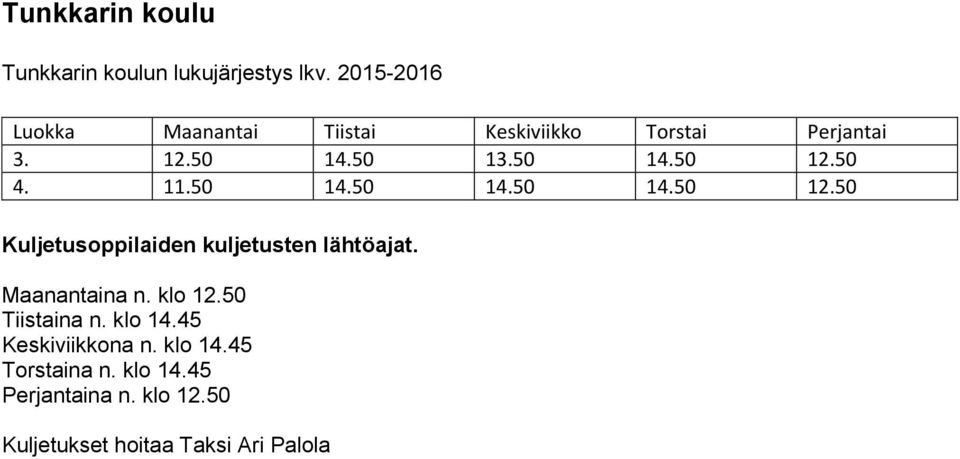 Maanantaina n. klo 12.50 Tiistaina n. klo 14.45 Keskiviikkona n. klo 14.45 Torstaina n.