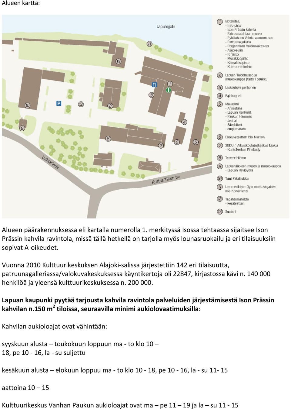 Vuonna 2010 Kulttuurikeskuksen Alajoki salissa järjestettiin 142 eri tilaisuutta, patruunagalleriassa/valokuvakeskuksessa käyntikertoja oli 22847, kirjastossa kävi n.