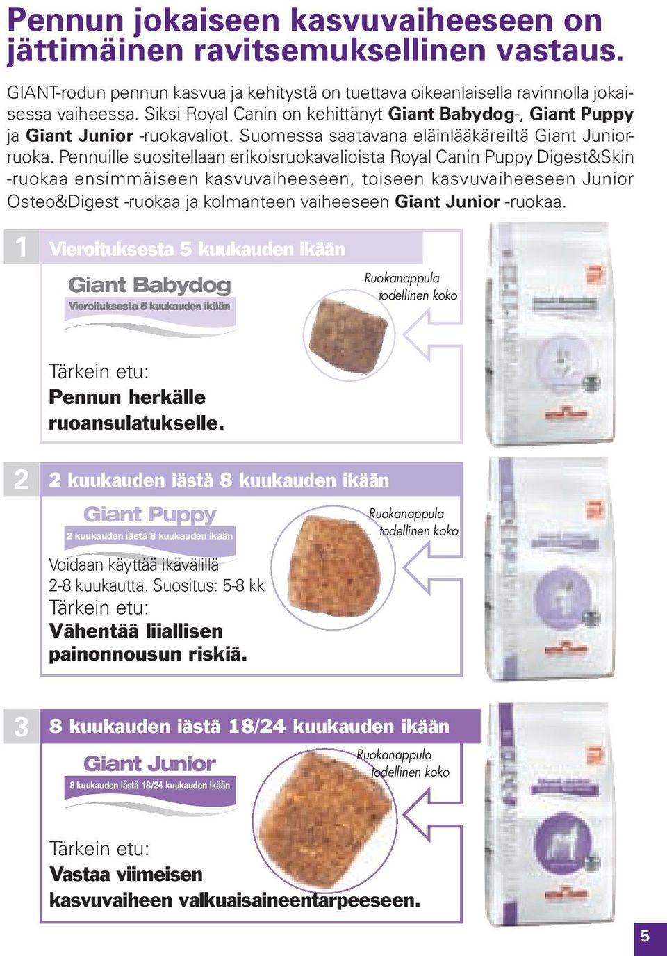 Pennuille suositellaan erikoisruokavalioista Royal Canin Puppy Digest&Skin -ruokaa ensimmäiseen kasvuvaiheeseen, toiseen kasvuvaiheeseen Junior Osteo&Digest -ruokaa ja kolmanteen vaiheeseen Giant