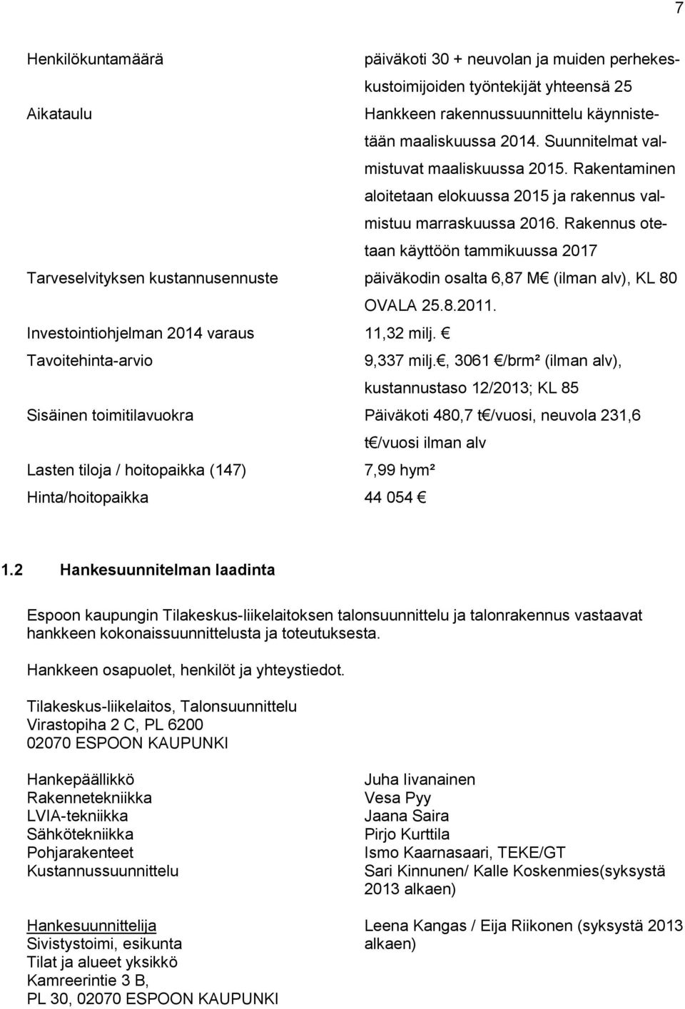 Rakennus otetaan käyttöön tammikuussa 2017 Tarveselvityksen kustannusennuste päiväkodin osalta 6,87 M (ilman alv), KL 80 OVALA 25.8.2011. Investointiohjelman 2014 varaus 11,32 milj.