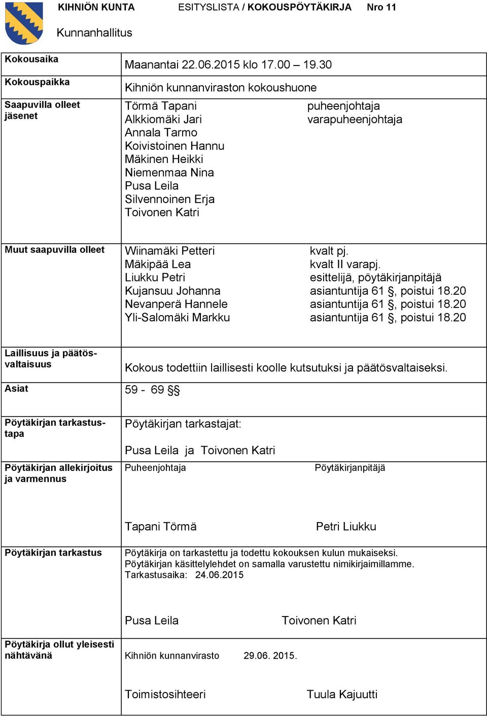 varapuheenjohtaja Muut saapuvilla olleet Wiinamäki Petteri Mäkipää Lea Liukku Petri Kujansuu Johanna Nevanperä Hannele Yli-Salomäki Markku kvalt pj. kvalt II varapj.