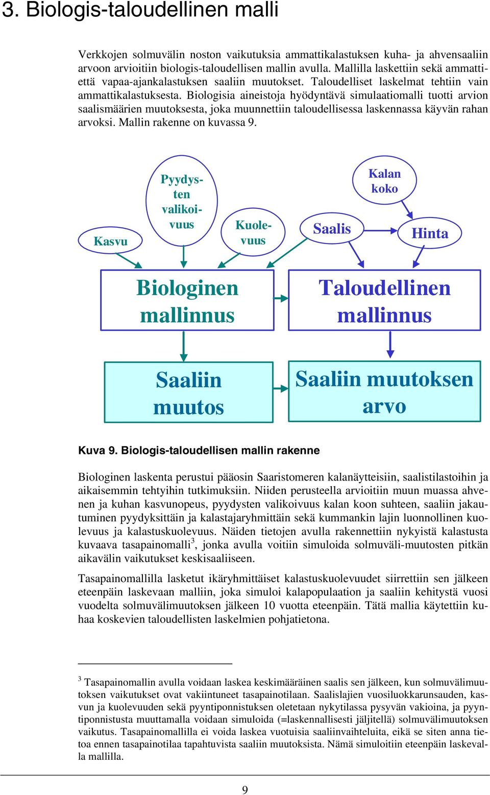 Biologisia aineistoja hyödyntävä simulaatiomalli tuotti arvion saalismäärien muutoksesta, joka muunnettiin taloudellisessa laskennassa käyvän rahan arvoksi. Mallin rakenne on kuvassa 9.