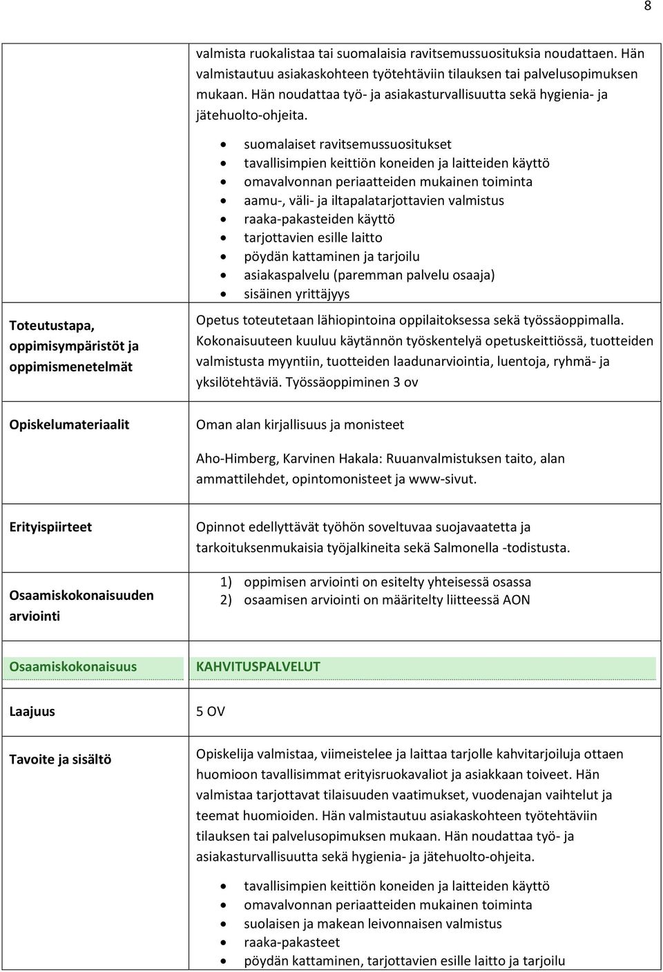 Toteutustapa, oppimisympäristöt ja oppimismenetelmät suomalaiset ravitsemussuositukset tavallisimpien keittiön koneiden ja laitteiden käyttö omavalvonnan periaatteiden mukainen toiminta aamu-, väli-